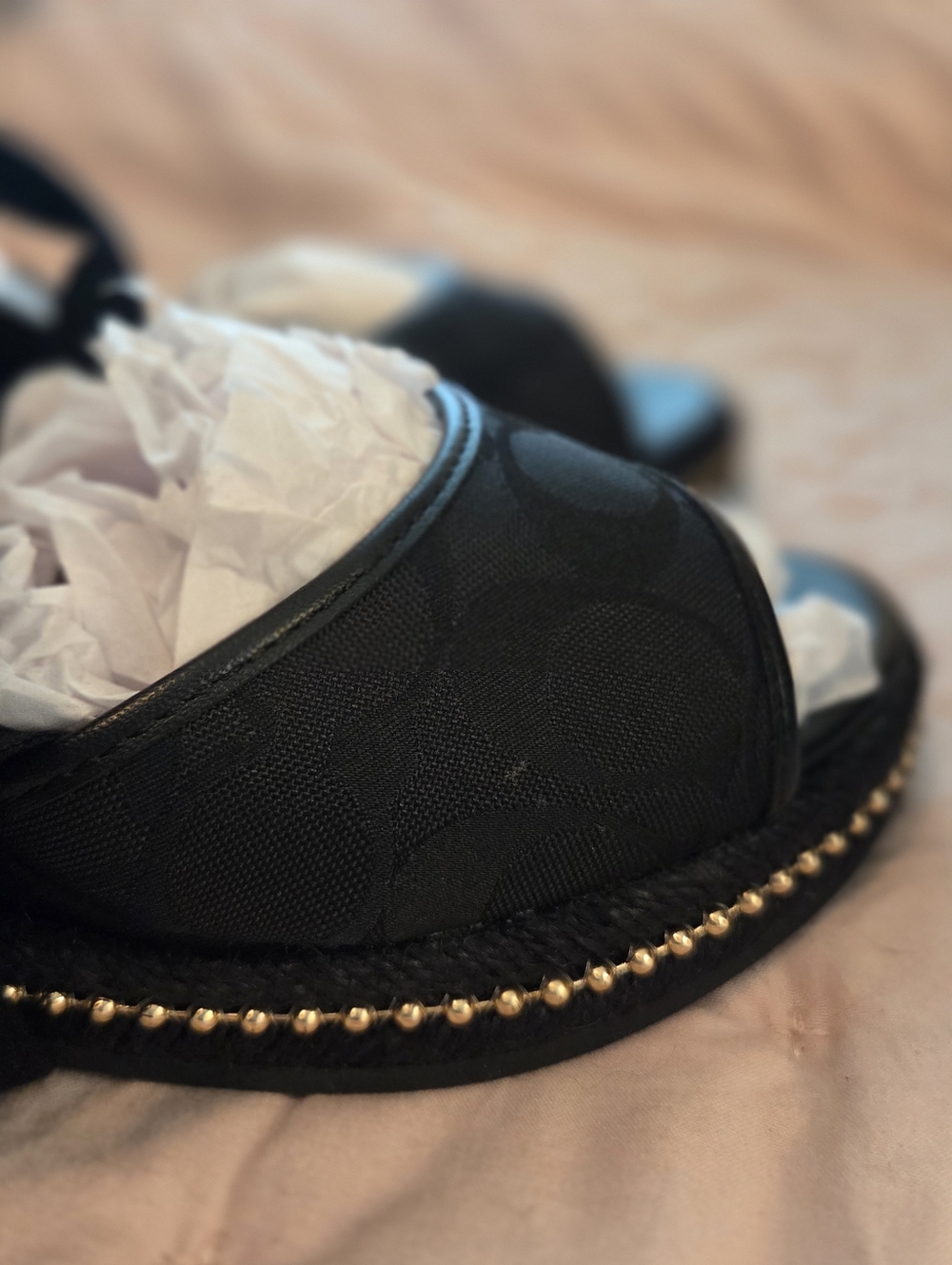 Coach Page Signature Black Logo Espadrille Wedge Sandals with Tie-Strap - Picture 5 of 7